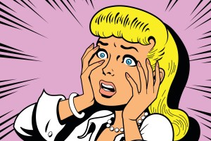 Ironic Satirical Illustration of a Retro Classic Comics Woman Being a Drama Queen